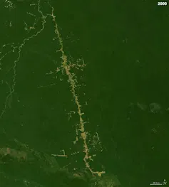 An animation shows primarily the highway in 2000 but deforestation quickly expanding off of it over the following years.