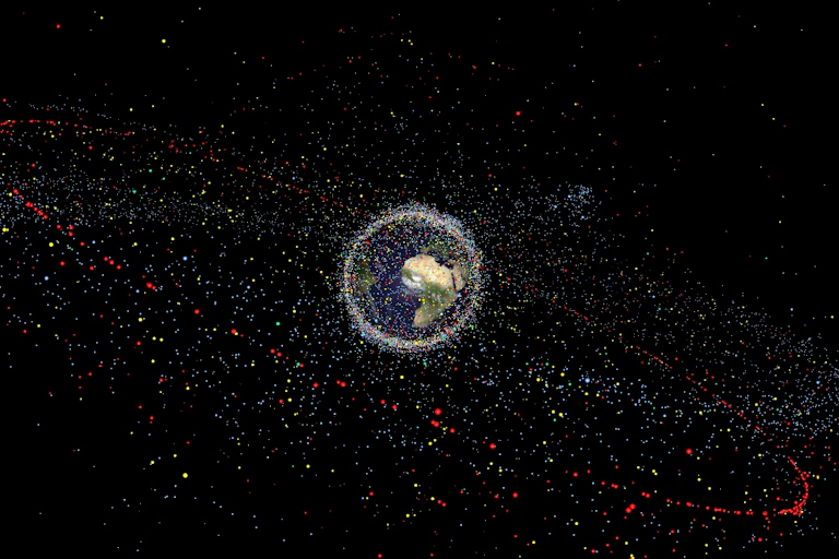 Artist's impression of the Earth surrounded by clouds of satellites and debris.