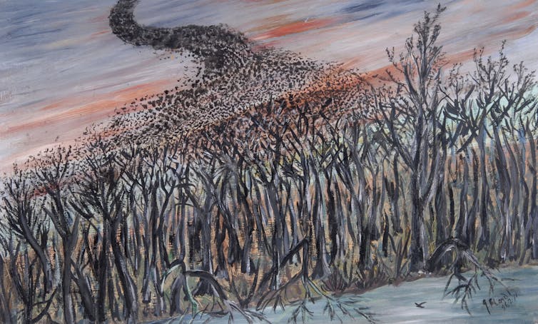A painting showing a stream of starlings flying in from the distance to roost in the trees in the foreground.