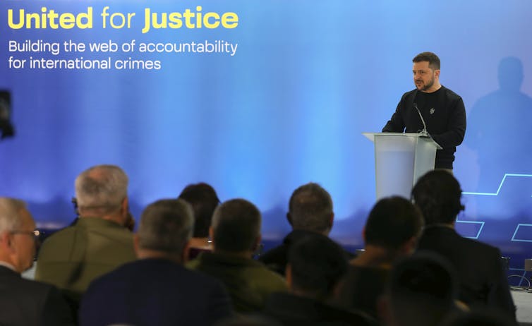 Ukrainian president Volodymyr Zelensky speaks at the 'United for Justice' conference in Lviv, western Ukraine.