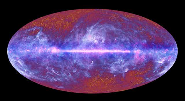 The microwave sky as seen by the Planck satellite.