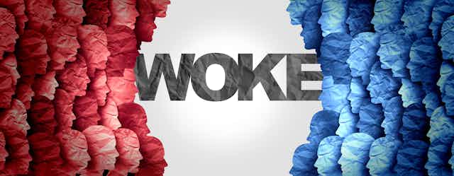 A graphic showing a group of red faces facing a group of blue faces with the word woke in the middle.
