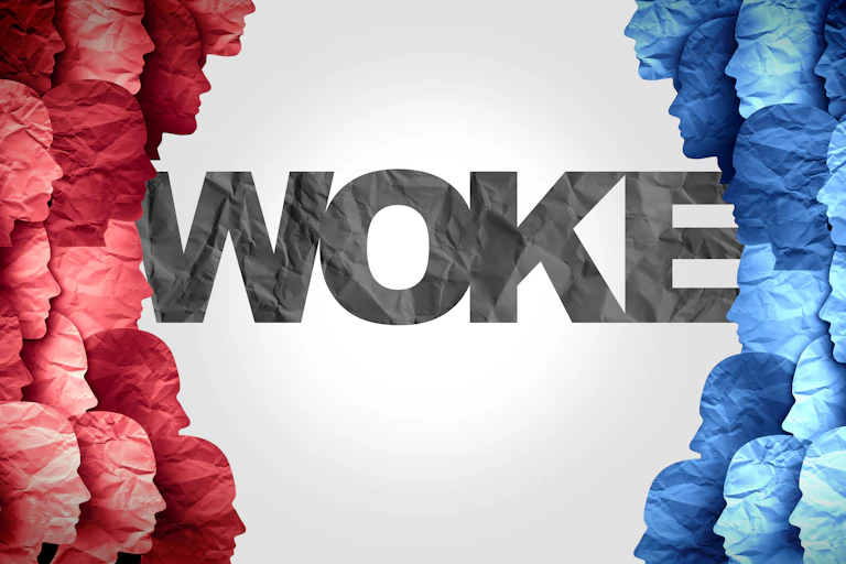 A graphic showing a group of red faces facing a group of blue faces with the word woke in the middle.