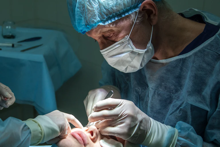 Surgeon working on woman's face