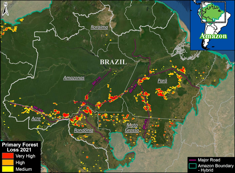 Mapa que muestra los estados y cómo aparecen los puntos calientes a lo largo de las carreteras