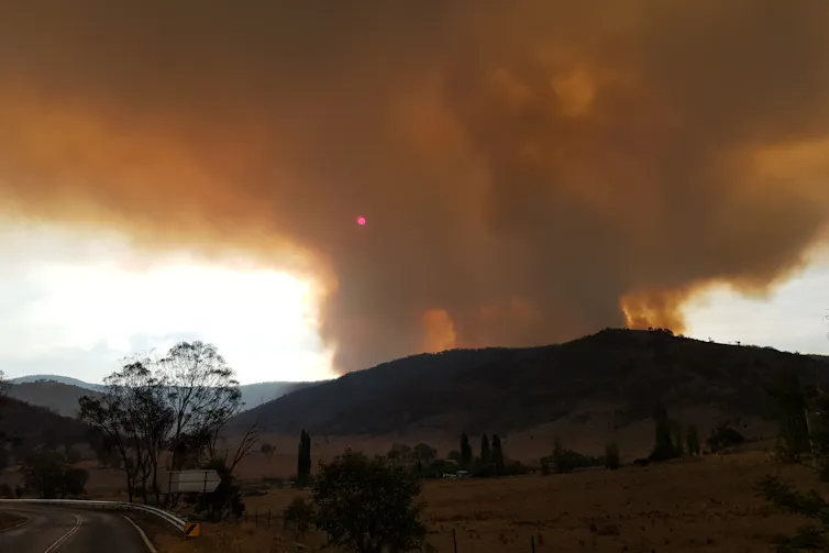 Smoke billows from forested mountain