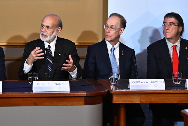 Nobel laureates Ben Bernanke (Economics), Douglas W. Diamond (Economics) and Philip H. Dybvig (Economics) during a press conference at the Royal Swedish Academy of Science in Stockholm, Sweden, 07 December 2022.