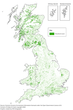 Map of Britain showing tree cover in green