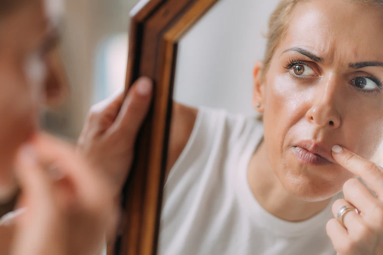Una mujer adulta, de pelo rubio, ojos castaños y mirada preocupada, examina sus rasgos faciales en un espejo de mano.