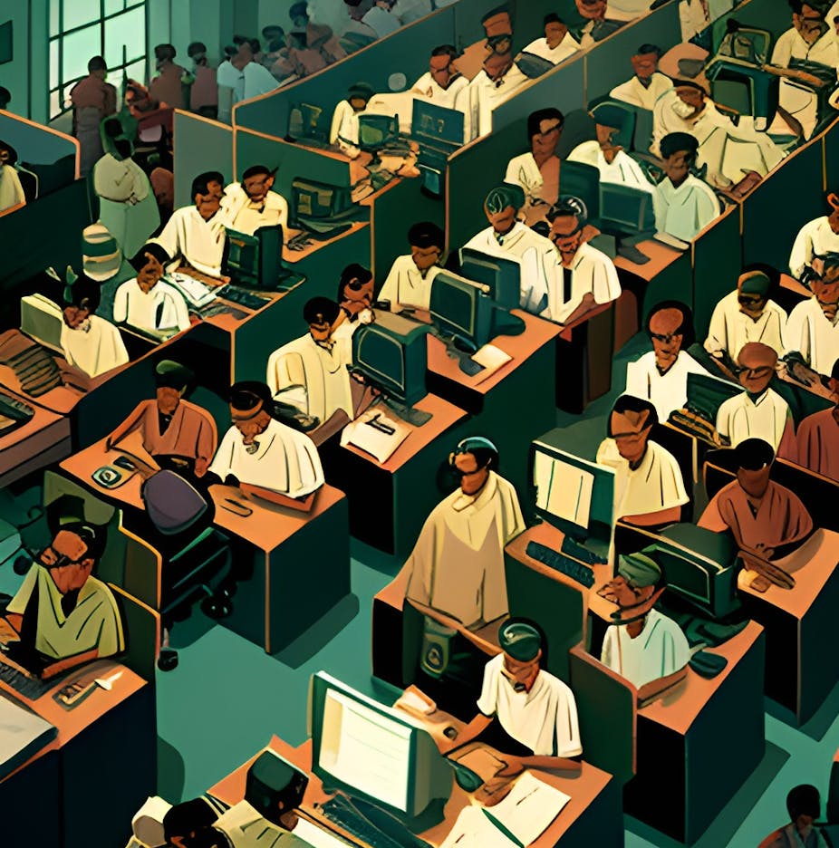 Le dessin représente des dizaines de travailleurs de Madagascar qui réalisent des tâches d'annotations de données pou l'intelligence artificielle sur leurs ordinateurs