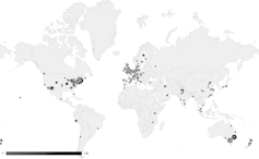 map showing geographical distribution of research on health care's environmental impact