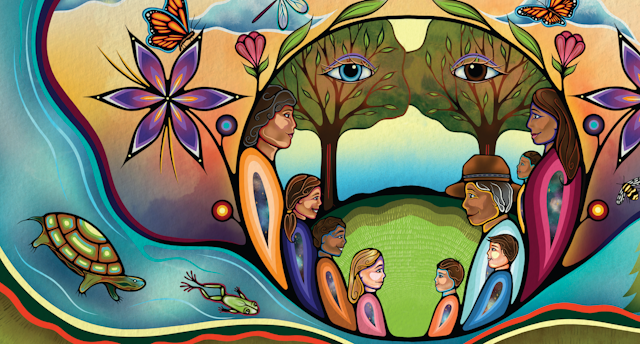 Colourful Anishinaabe artwork depicts a group of people in front of two trees with eyes surrounded by flowers, butterflies, turtles and a stream