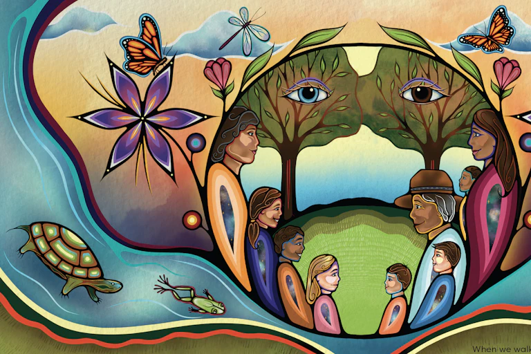 Colourful Anishinaabe artwork depicts a group of people in front of two trees with eyes surrounded by flowers, butterflies, turtles and a stream
