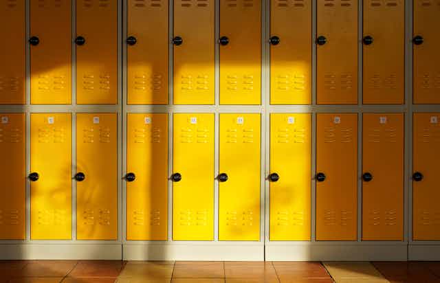 A row of school lockers. 