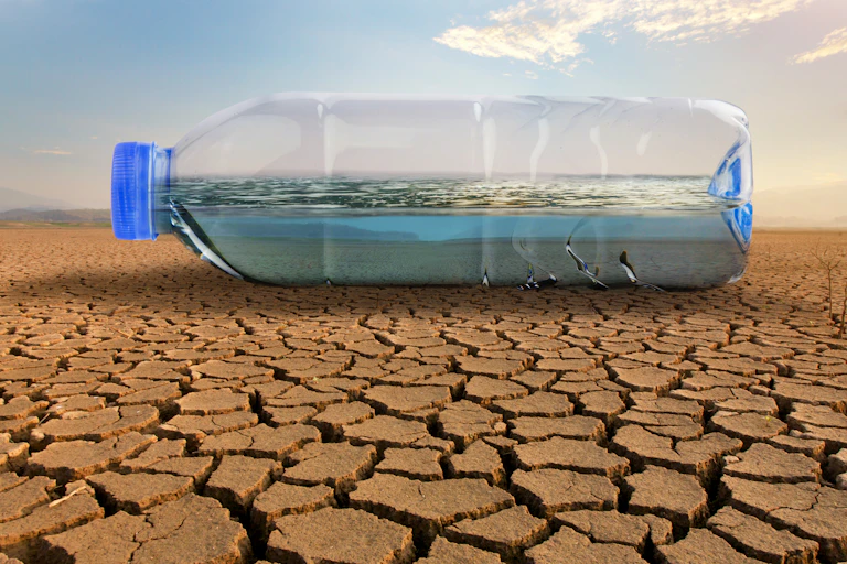 A bottle of water on cracked dry land.