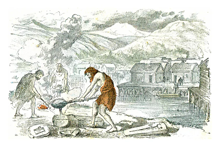 An illustration depicts a prehistoric bearded man pouring liquid into a mould. Two men in the background are gathered around a fire.