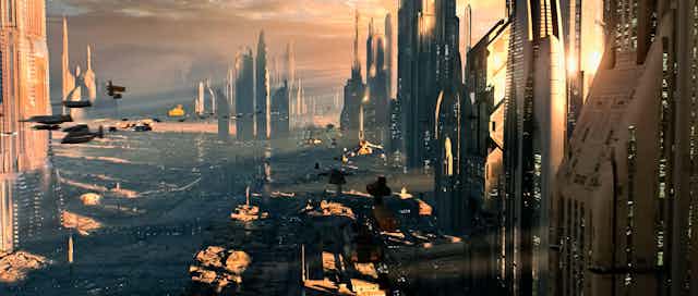 An artwork depicting a futuristic cityscape.