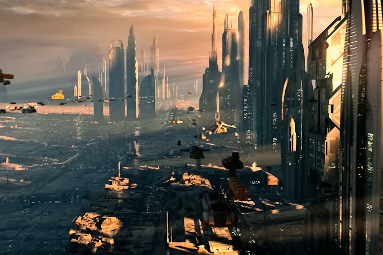 An artwork depicting a futuristic cityscape.