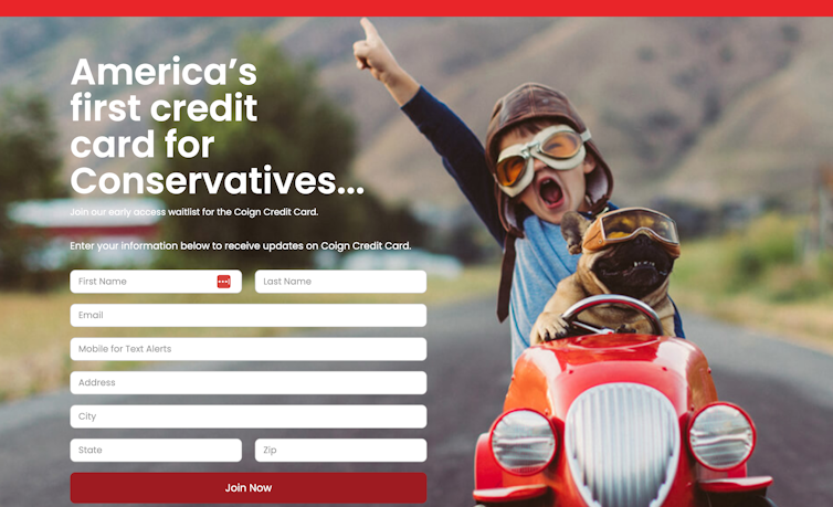 Screenshot of a sign up form for Coign, featuring a photo of a small boy and dog in a toy car, and text above the sign up form reading 'America's first credit card for Conservatives.'