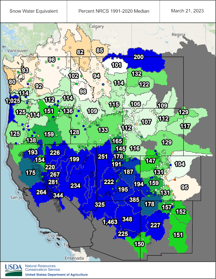 Map showing highest snow water equivalent in California, the Great Basin and Arizona
