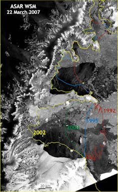 photo satellite et lignes montrant l’étendue de Larsen B par le passé