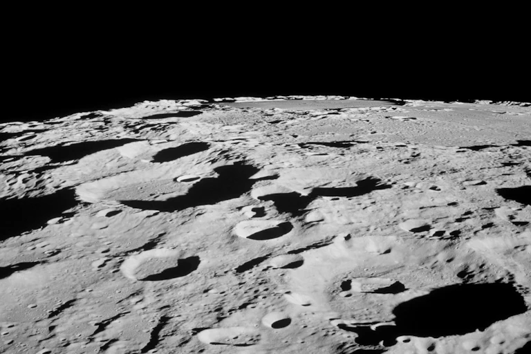 A photo of the surface of the Moon.