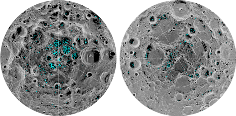 Images of the north and south poles of the Moon with many blue dots.