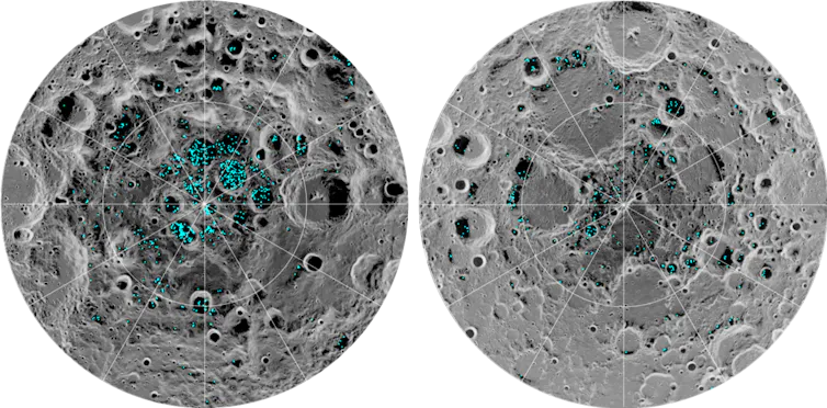Images of the north and south poles of the Moon with many blue dots.