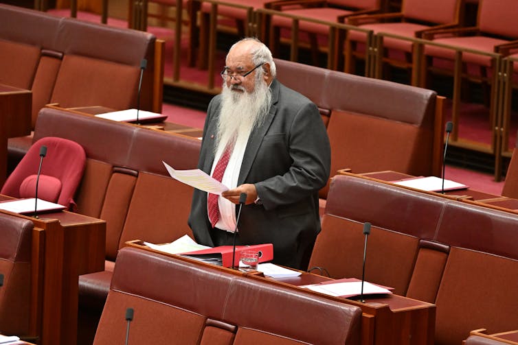 Labor senator Pat Dodson speaks on the Referendum (Machinery Provisions) Amendment Bill in the Senate Chamber at Parliament House in Canberra, Monday, March 20, 2023.