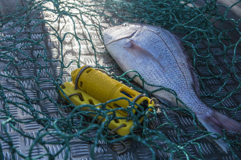 A fish in a net and a yellow temperature sensor