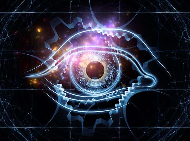 A giant eye with a planet as a pupil peers from behind gears against the backdrop of a grid and outer space.