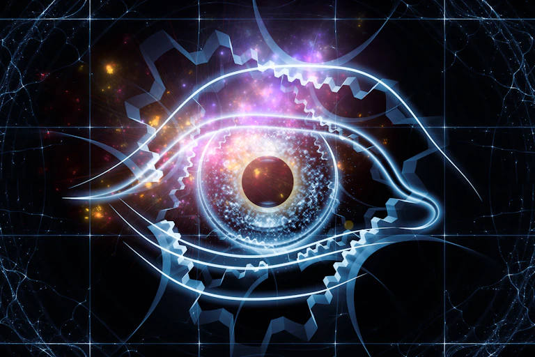 A giant eye with a planet as a pupil peers from behind gears against the backdrop of a grid and outer space.