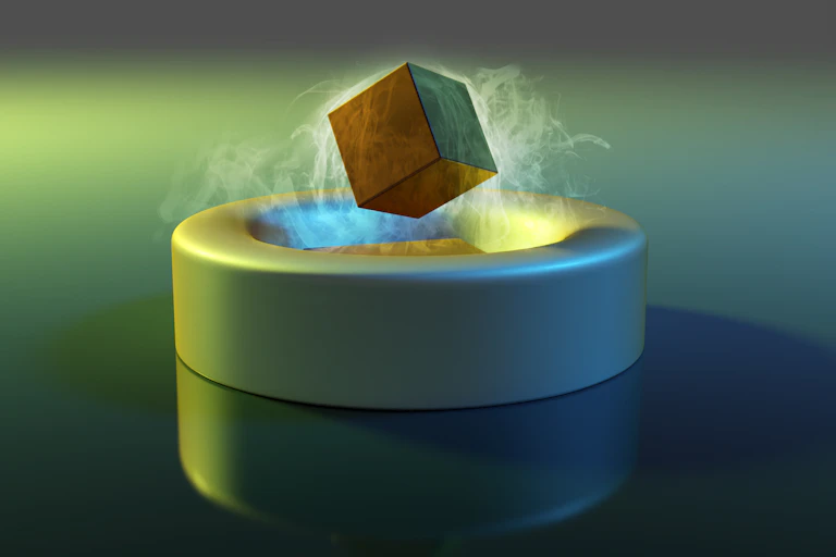 A cube floating above a magnet.