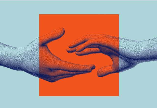 Illustration of two hands reaching towards each other across a red square on a blue background