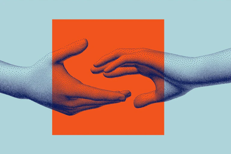 Illustration of two hands reaching towards each other across a red square on a blue background