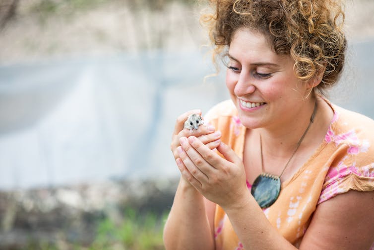 Emily Scicluna holding a fat-tailed dunnart