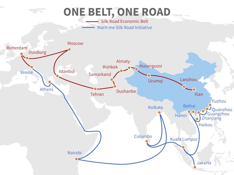 A map showing China's Belt and Road Initiative.