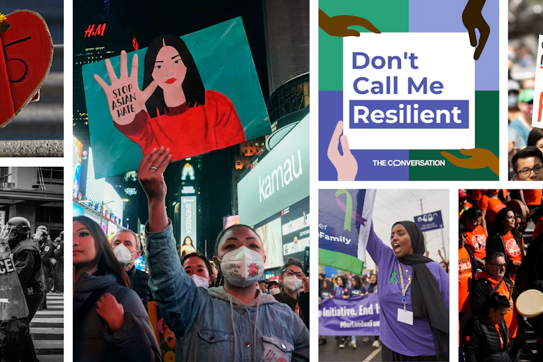 This is a photo collage: clockwise it depicts a heart with 215 written inside, a protest from NY with a hand that says Stop Asian Hate, a protest from London, ON (a woman raises a purple flag), a group of people in Ottawa wearing orange T-Shirts, A protest and a sign that says, Canada is not immune to racism, a black and white image of police in riot gear while spraying a fire hose.