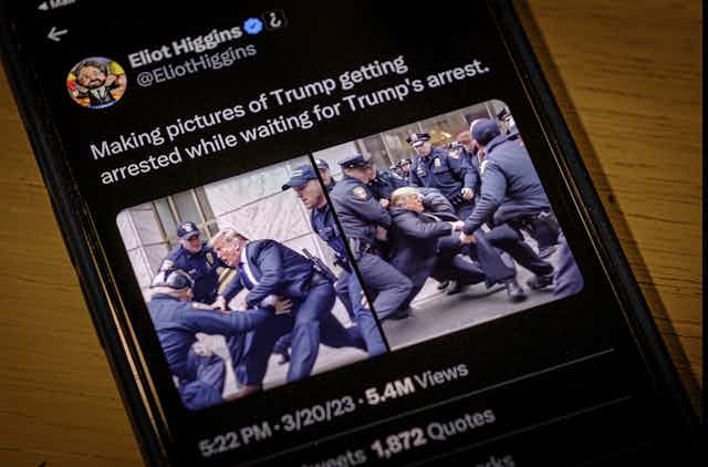 a smart phone screen showing a twitter page showing two photos of a man in a business suit being arrested by numerous police officers