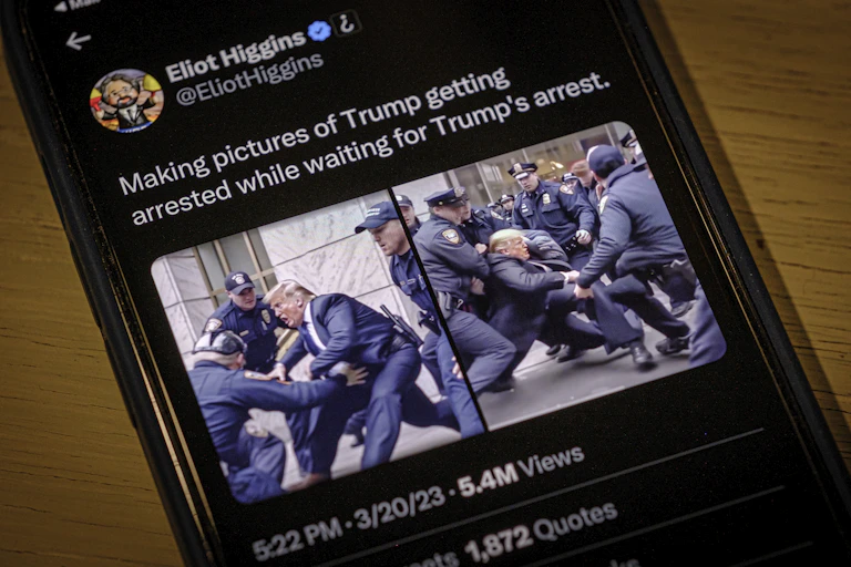 a smart phone screen showing a twitter page showing two photos of a man in a business suit being arrested by numerous police officers