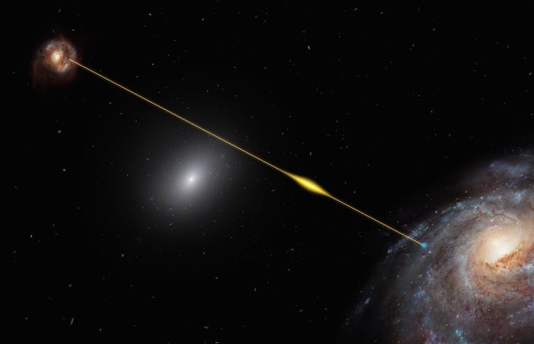 Artist impression of a fast radio burst traveling through space and reaching Earth.