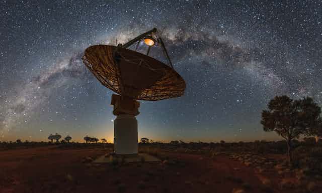 A single radio telescope dish pointing at the night sky with milky way arc in the background