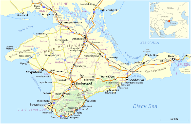 Map of Crimea showing southern Ukraine
