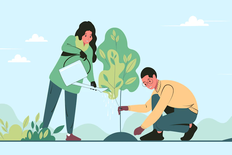 Illustration of four young people working together to plant a treet