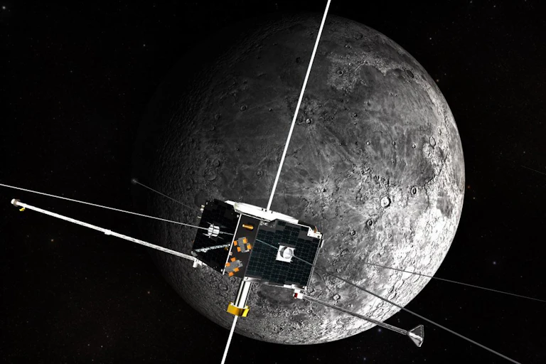 a spacecraft — looks like a cube with sensors emerging — orbiting the moon