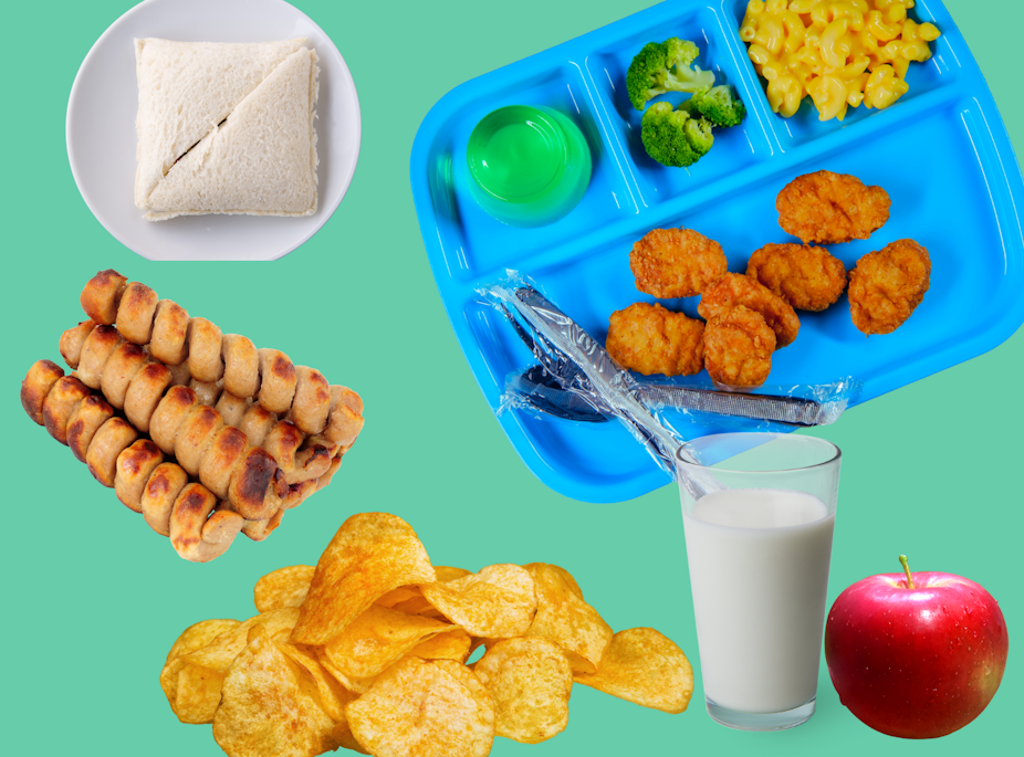 School lunches, milk, apple, crisps, turkey twizzlers, sandwich.
