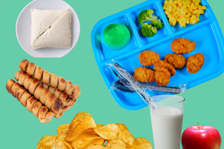 School lunches, milk, apple, crisps, turkey twizzlers, sandwich.