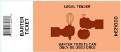 A barter ticket showing hands holding utensils and bags.