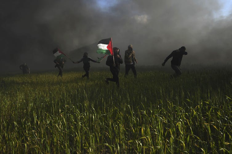 People wave a red, green, black and white flag in a grassy field, surrounded by smoke, during a protest.