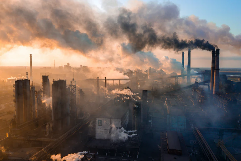 Chimeneas industriales humeando al amanecer.
